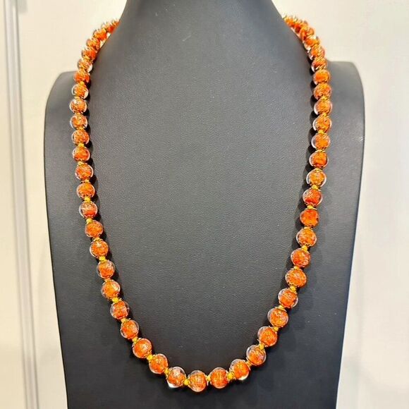 Vintage or Vtg style Murano Italian Art Glass Bead Necklace Orange 24“ - Picture 2 of 6